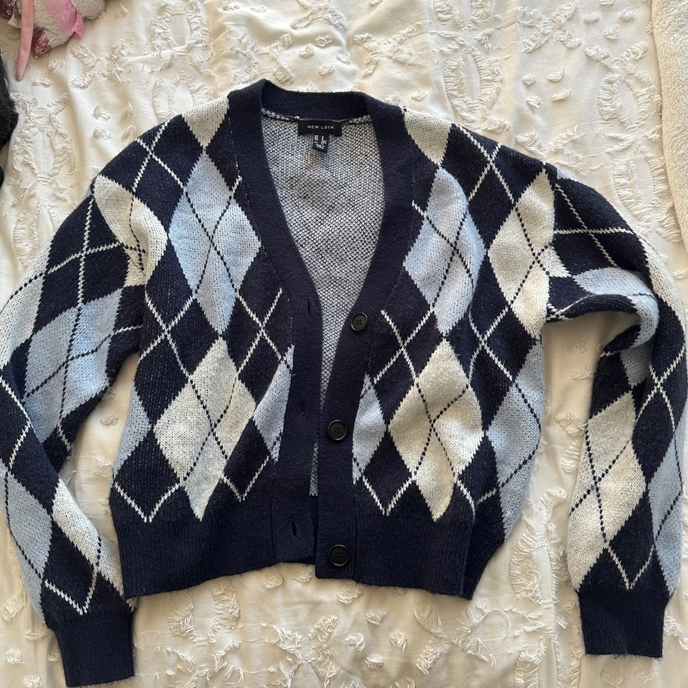 Argyle blue preppy cardigan sweater